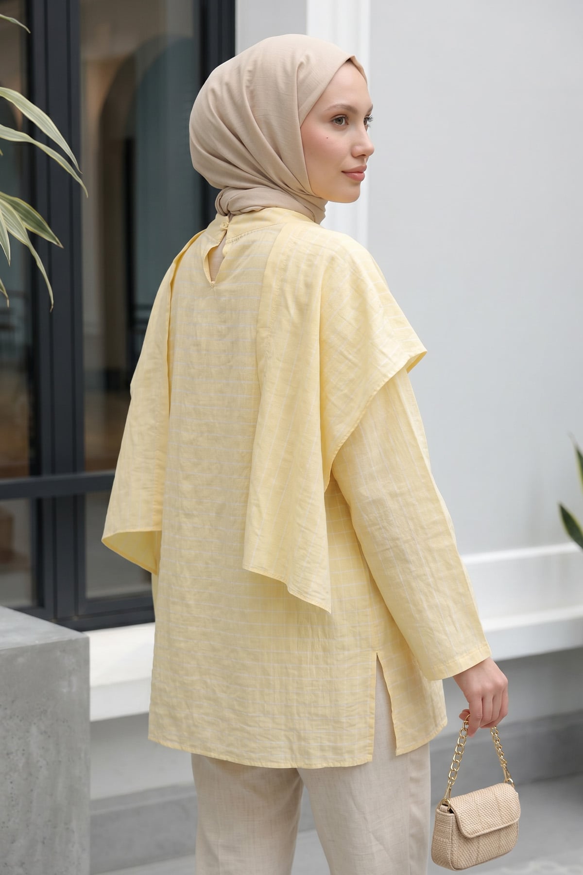 Şal Detaylı Çizgili Tunik  Y0153 - TEREYAĞ SARISI |  