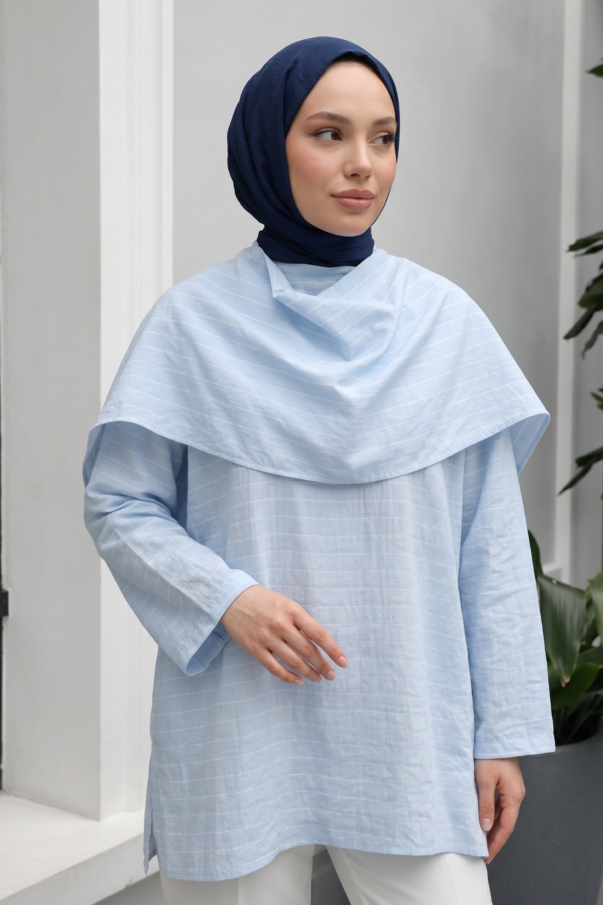 Şal Detaylı Çizgili Tunik  Y0153 - BEBE MAVİSİ |  