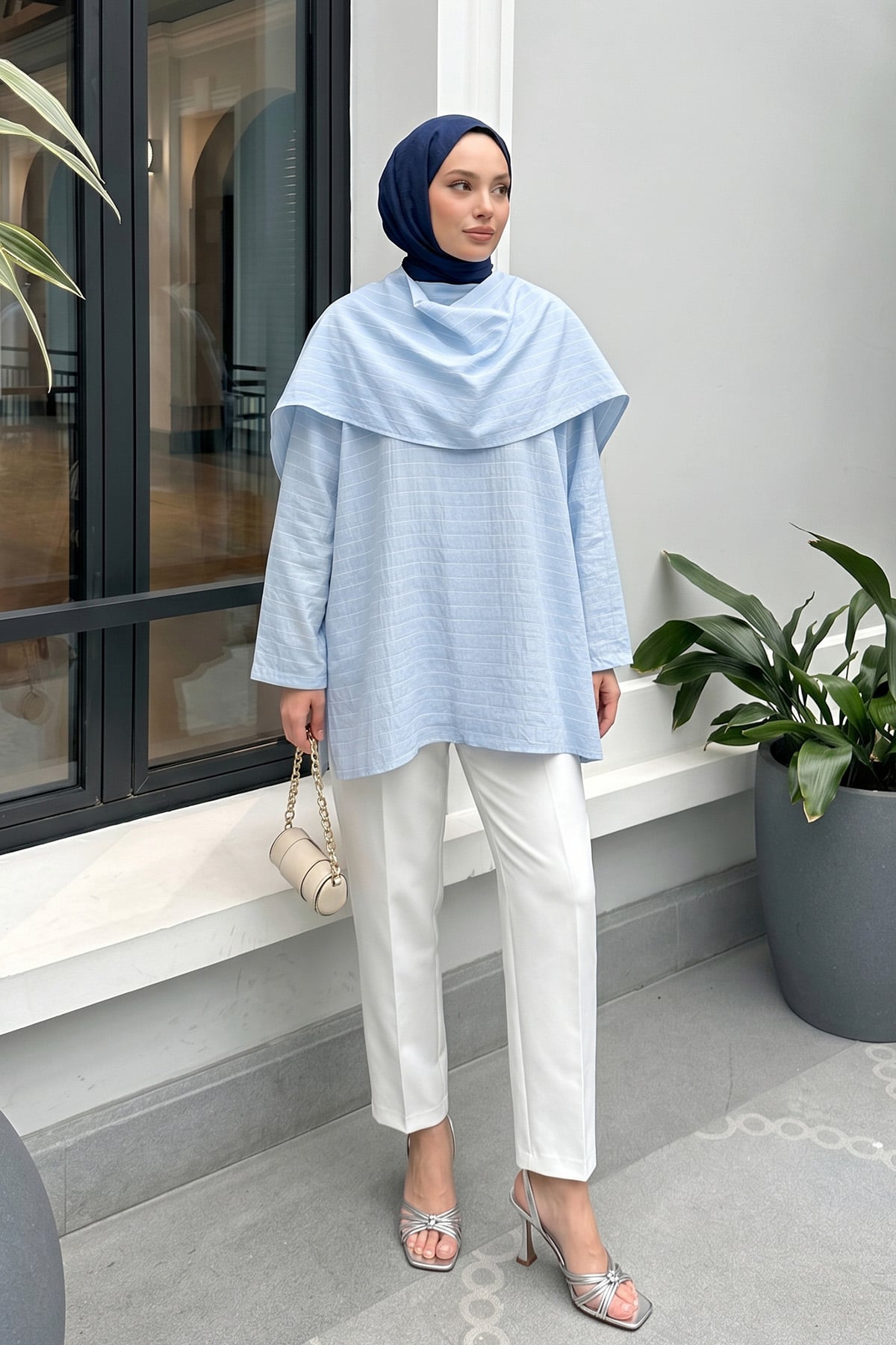 Şal Detaylı Çizgili Tunik  Y0153 - BEBE MAVİSİ |  