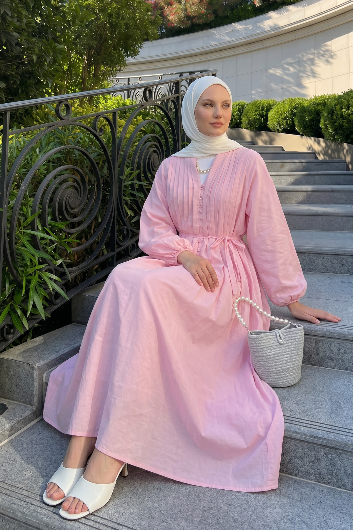 Vual Düğme Detaylı Pile Elbise 5007 -  PEMBE |  