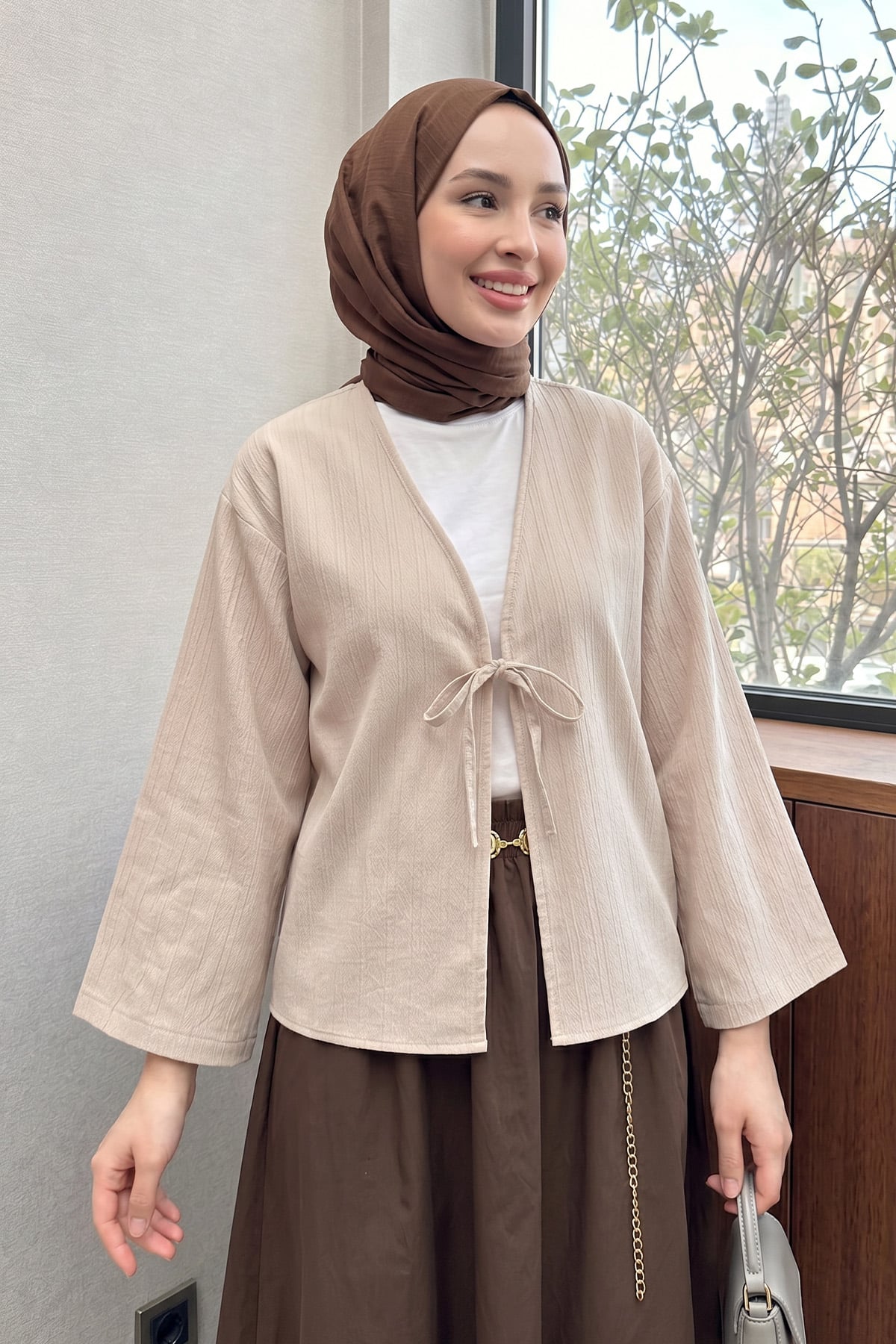 Çizgi Desenli Kimono 2359 - BEJ |  