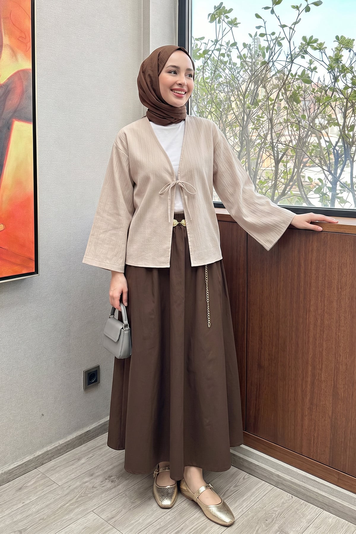 Çizgi Desenli Kimono 2359 - BEJ |  