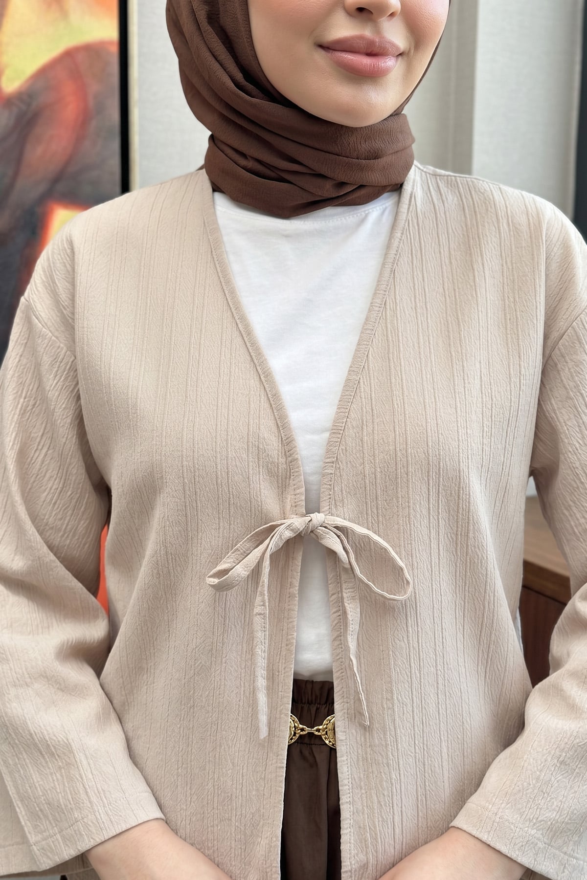 Çizgi Desenli Kimono 2359 - BEJ |  