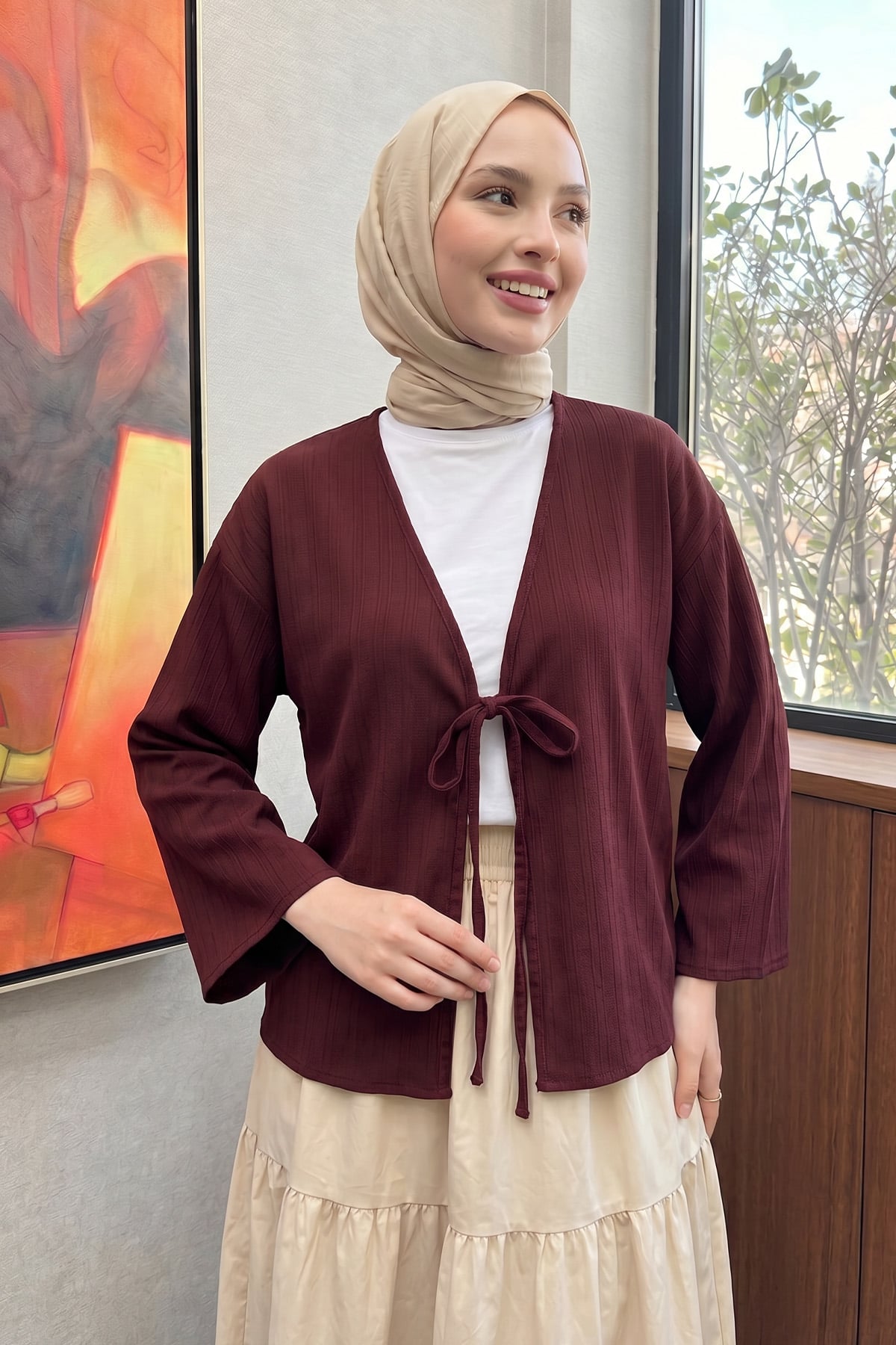 Çizgi Desenli Kimono 2359 - BORDO |  