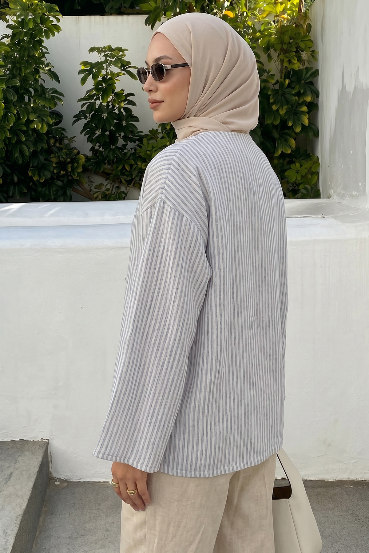 Çizgili Keten Kimono 43481 - AÇIK LACİVERT |  