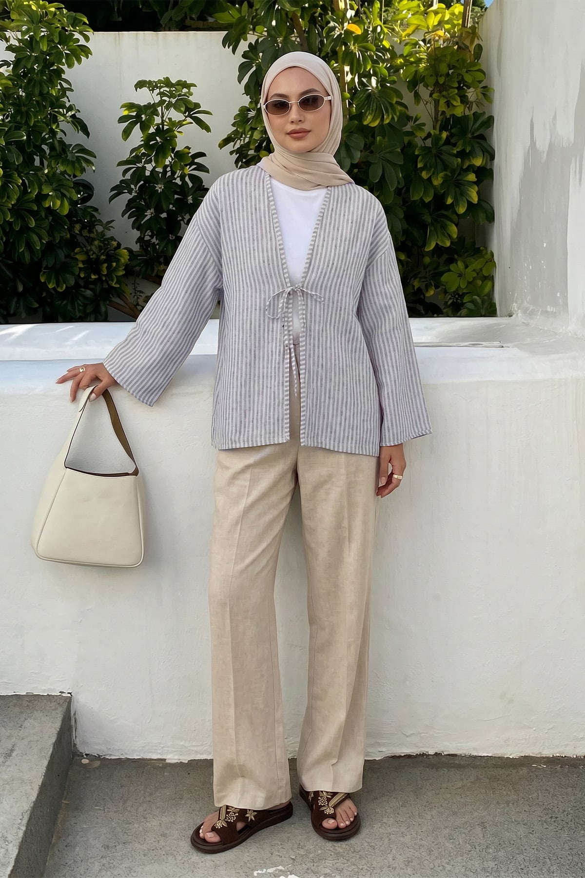 Çizgili Keten Kimono 43481 - AÇIK LACİVERT |  