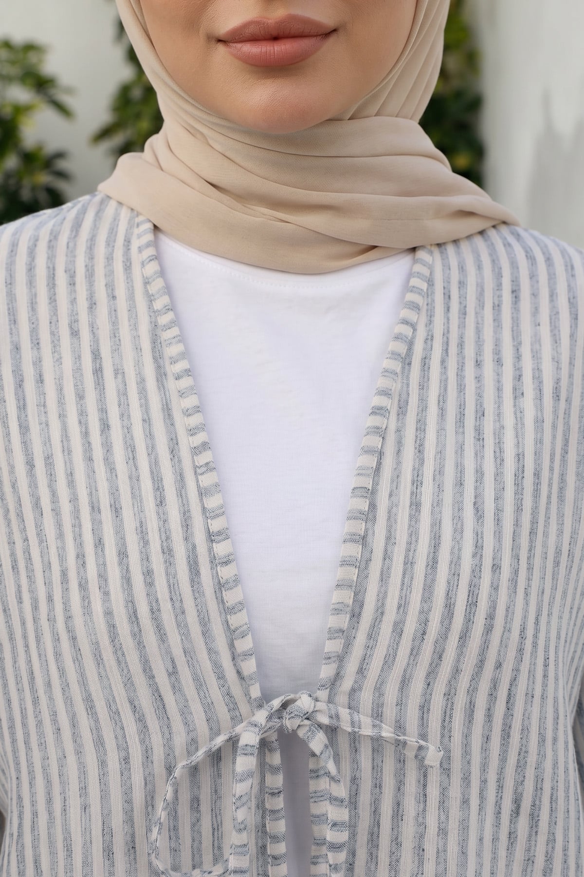 Çizgili Keten Kimono 43481 - AÇIK LACİVERT |  