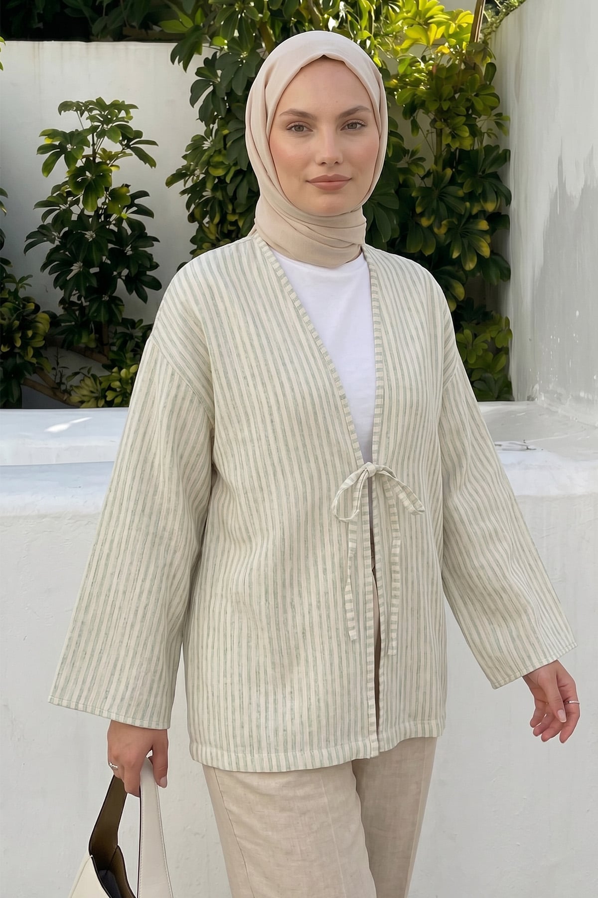 Çizgili Keten Kimono 43481 - AÇIK YEŞİL |  