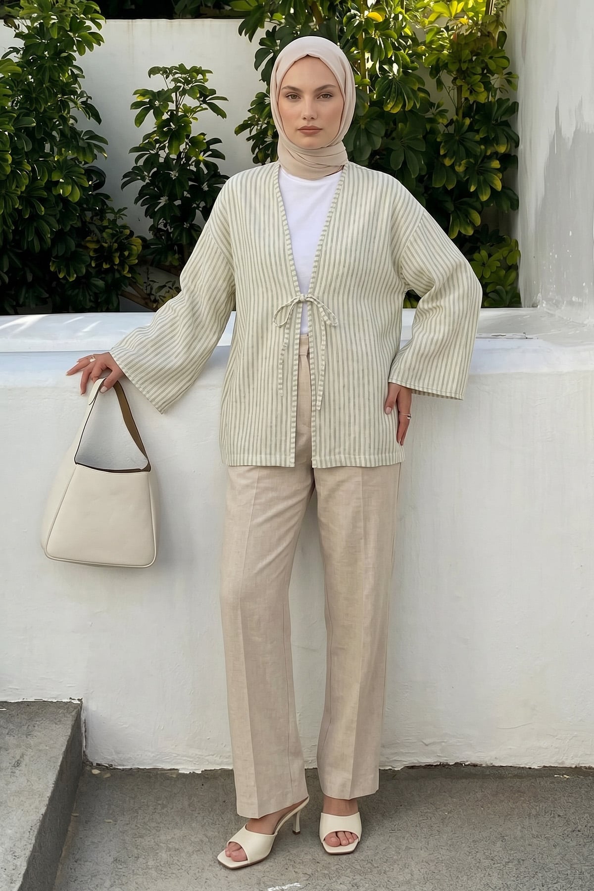 Çizgili Keten Kimono 43481 - AÇIK YEŞİL |  