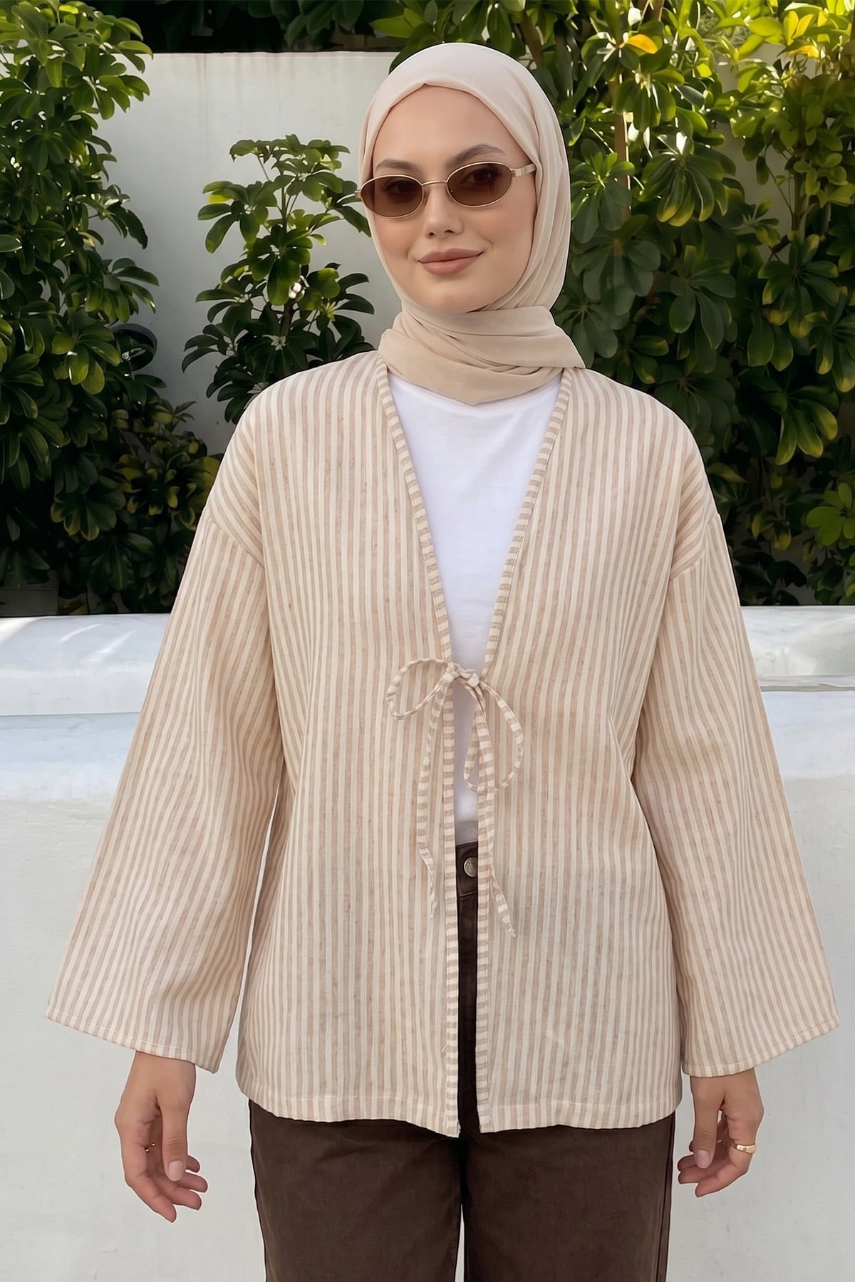 Çizgili Keten Kimono 43481 - VİZON |  