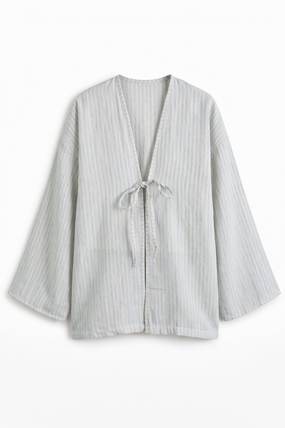 Çizgili Keten Kimono 43481 - BEBE MAVİSİ |  