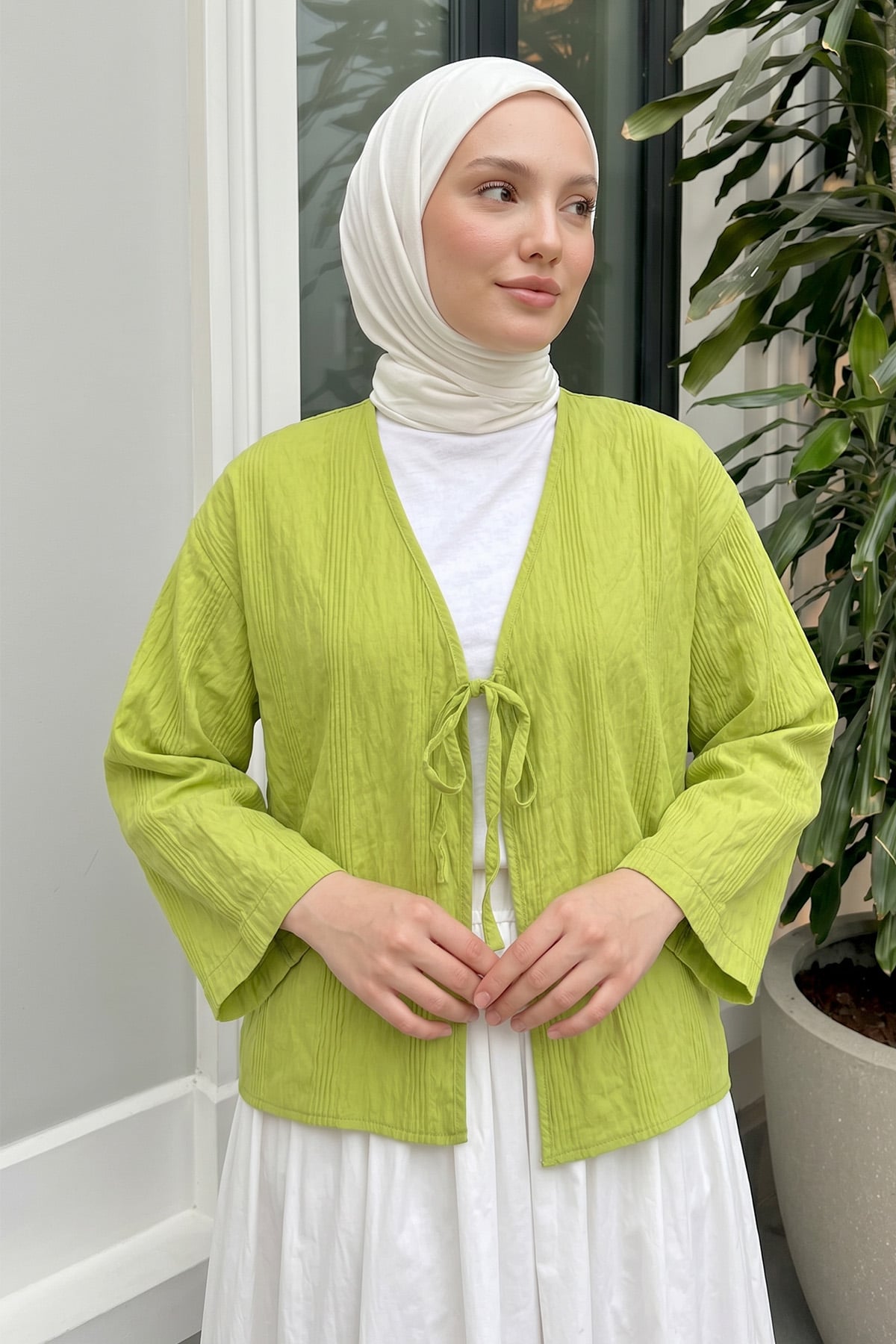 Dokulu Bağcıklı Kimono 2361 - NEON YEŞİLİ |  