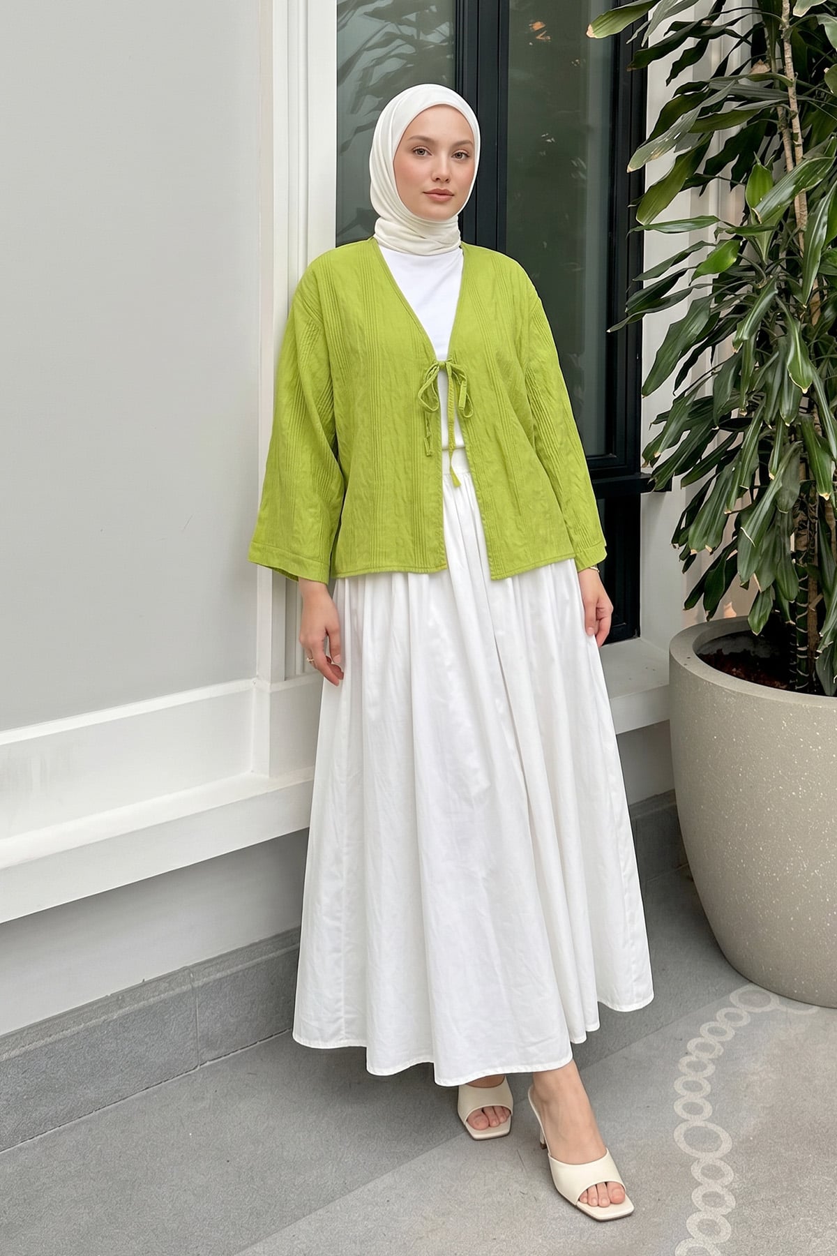 Dokulu Bağcıklı Kimono 2361 - NEON YEŞİLİ |  