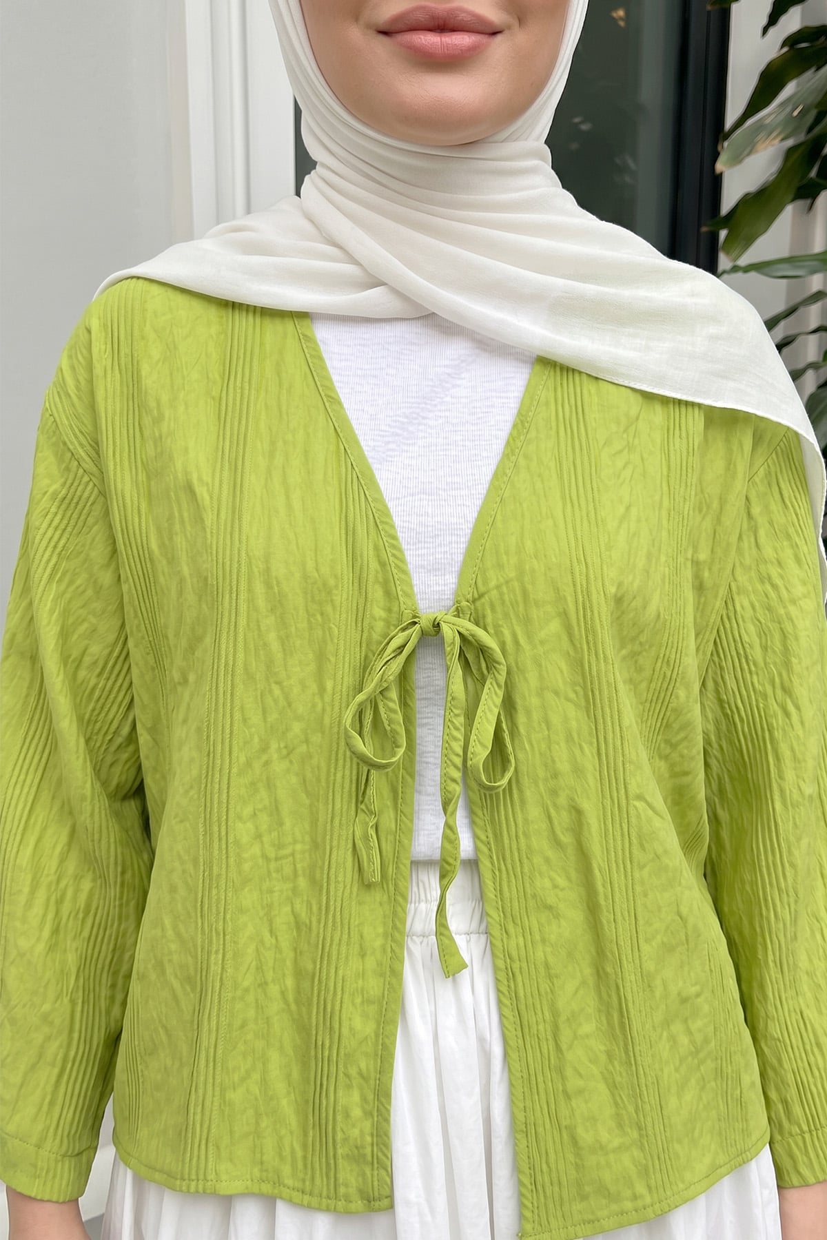 Dokulu Bağcıklı Kimono 2361 - NEON YEŞİLİ |  