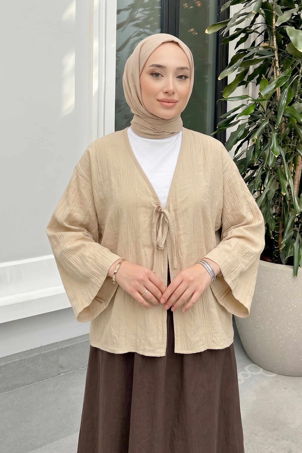 Dokulu Bağcıklı Kimono 2361 - BEJ |  
