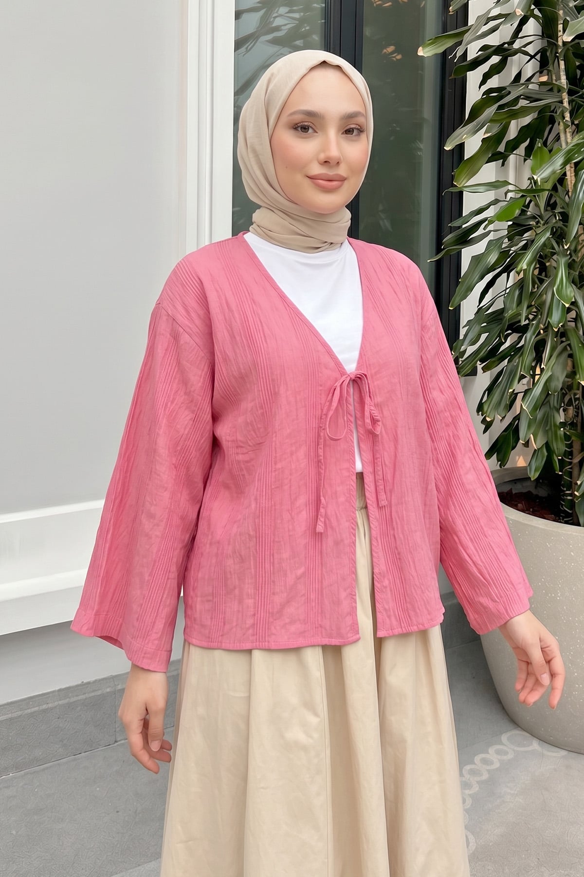 Dokulu Bağcıklı Kimono 2361 - PEMBE |  