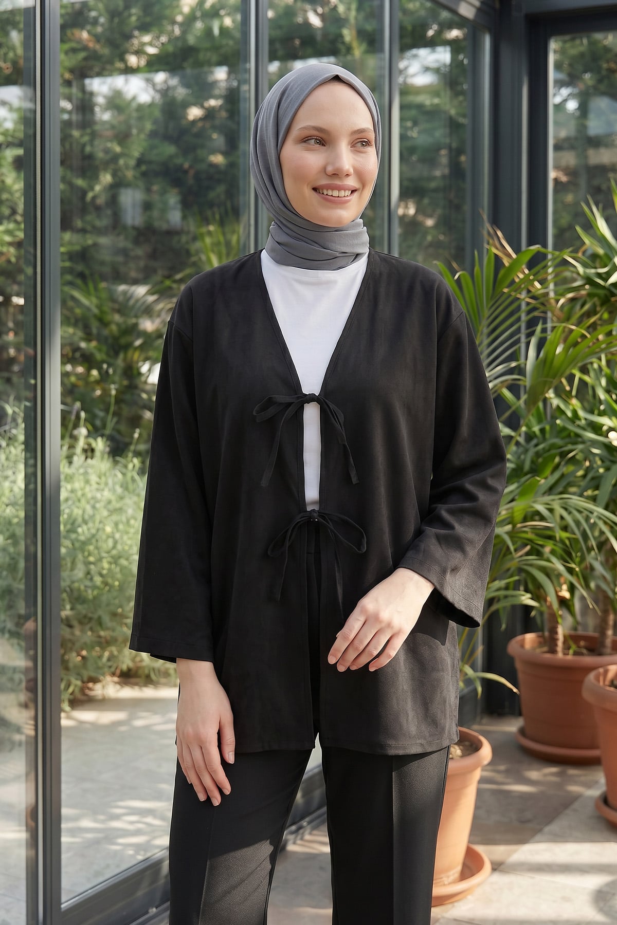 Çift Bağcıklı Uzun Kimono 262353 - SİYAH |  