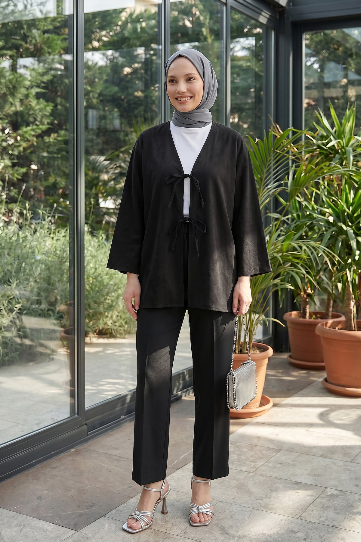 Çift Bağcıklı Uzun Kimono 262353 - SİYAH |  