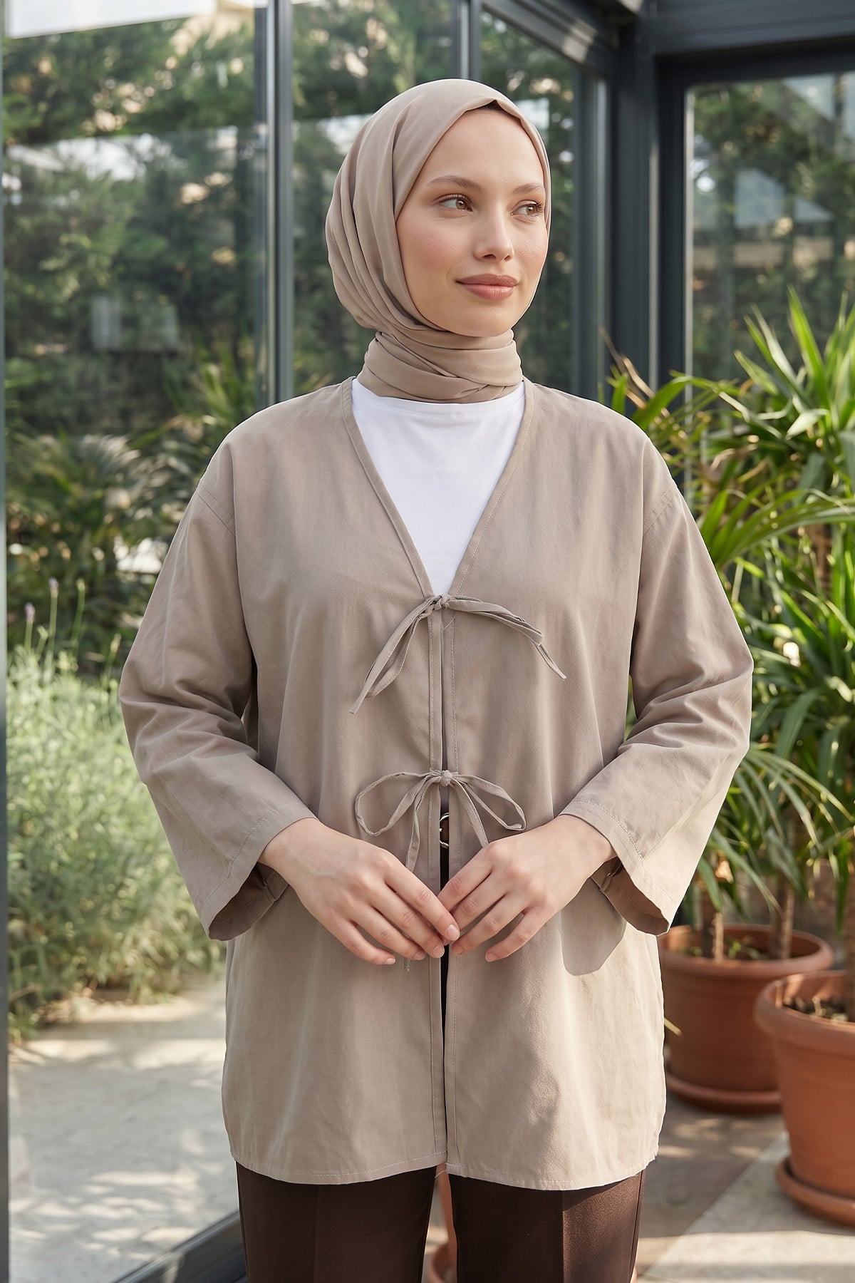 Çift Bağcıklı Uzun Kimono 262353 - TAŞ RENGİ |  