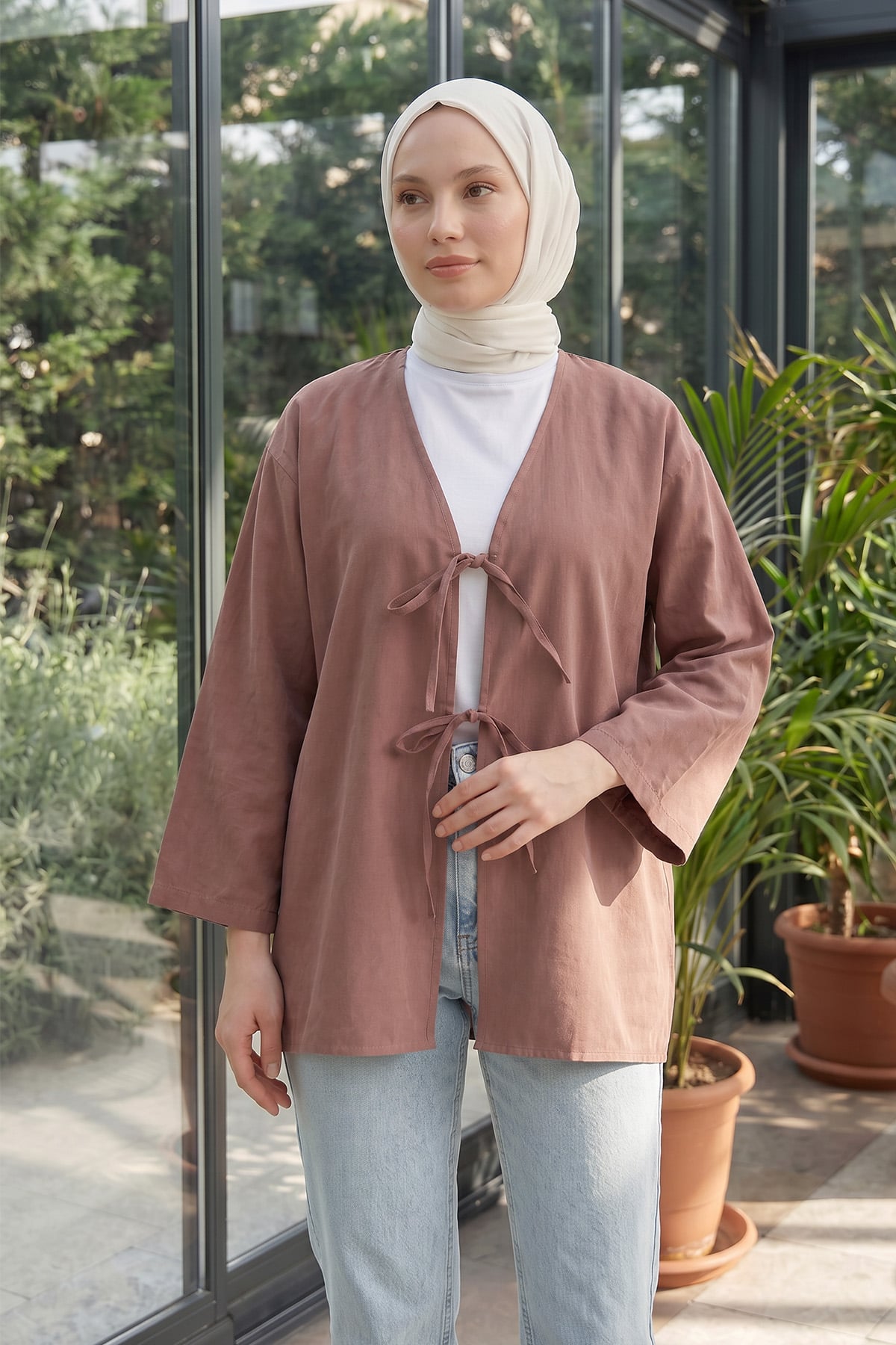 Çift Bağcıklı Uzun Kimono 262353 - GÜL KURUSU |  
