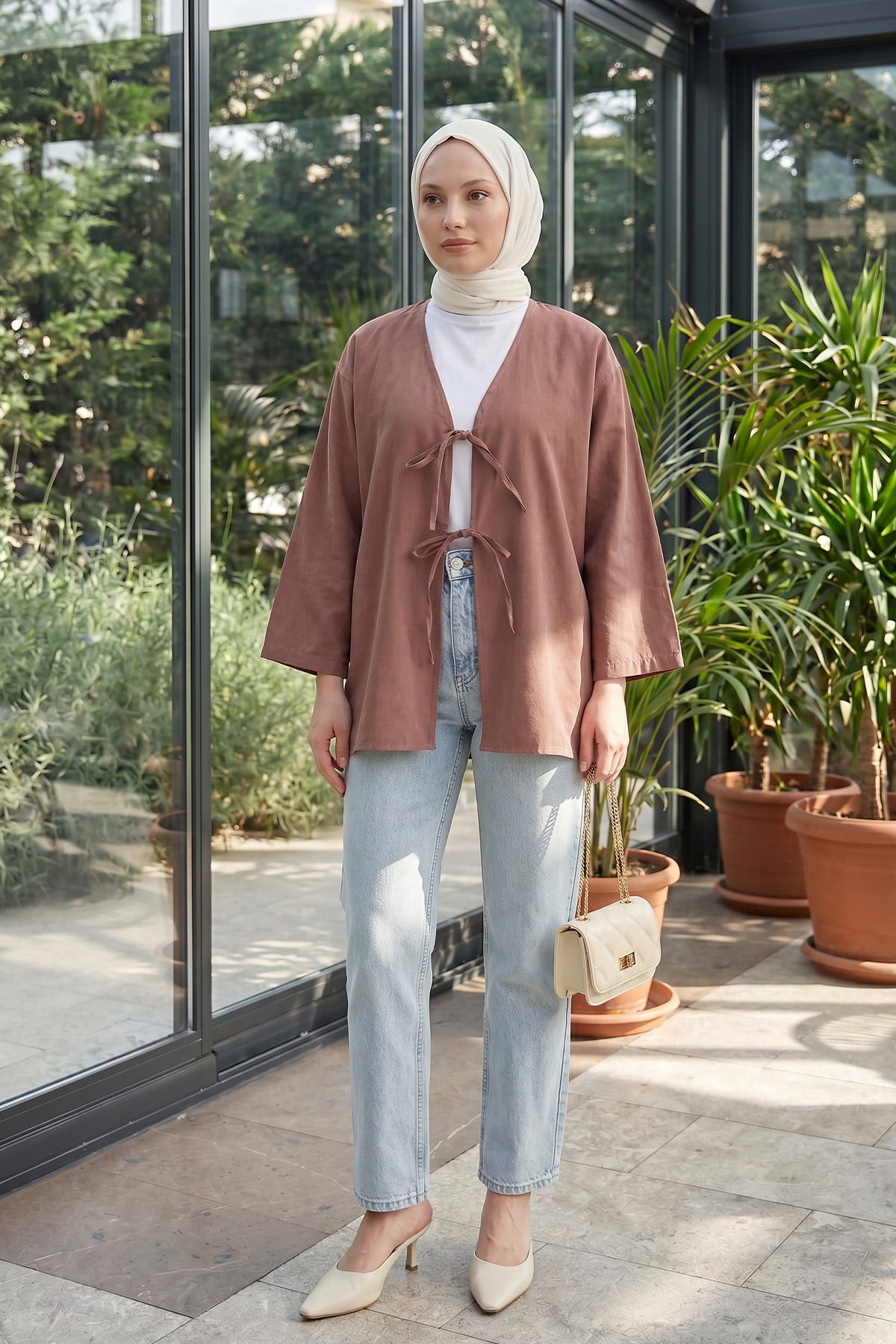 Çift Bağcıklı Uzun Kimono 262353 - GÜL KURUSU |  