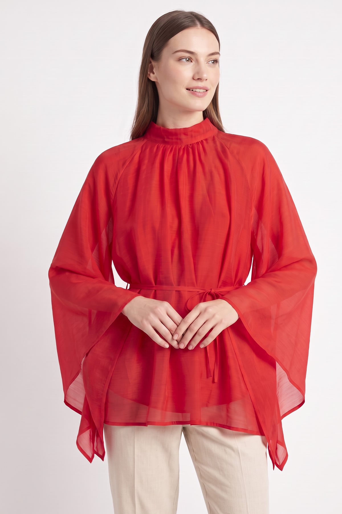 Büzgülü Reglan Kol Tunik Y0150 - KIRMIZI | zenne.com 
