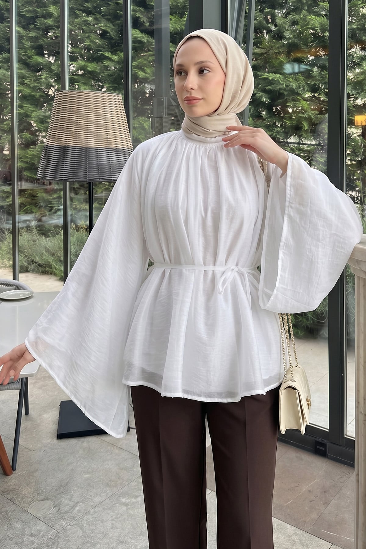 Büzgülü Reglan Kol Tunik Y0150 - BEYAZ |  
