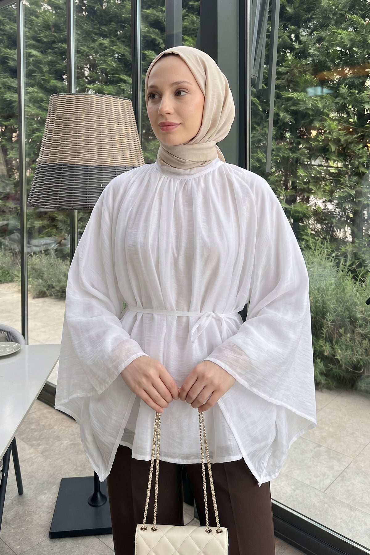 Büzgülü Reglan Kol Tunik Y0150 - BEYAZ |  