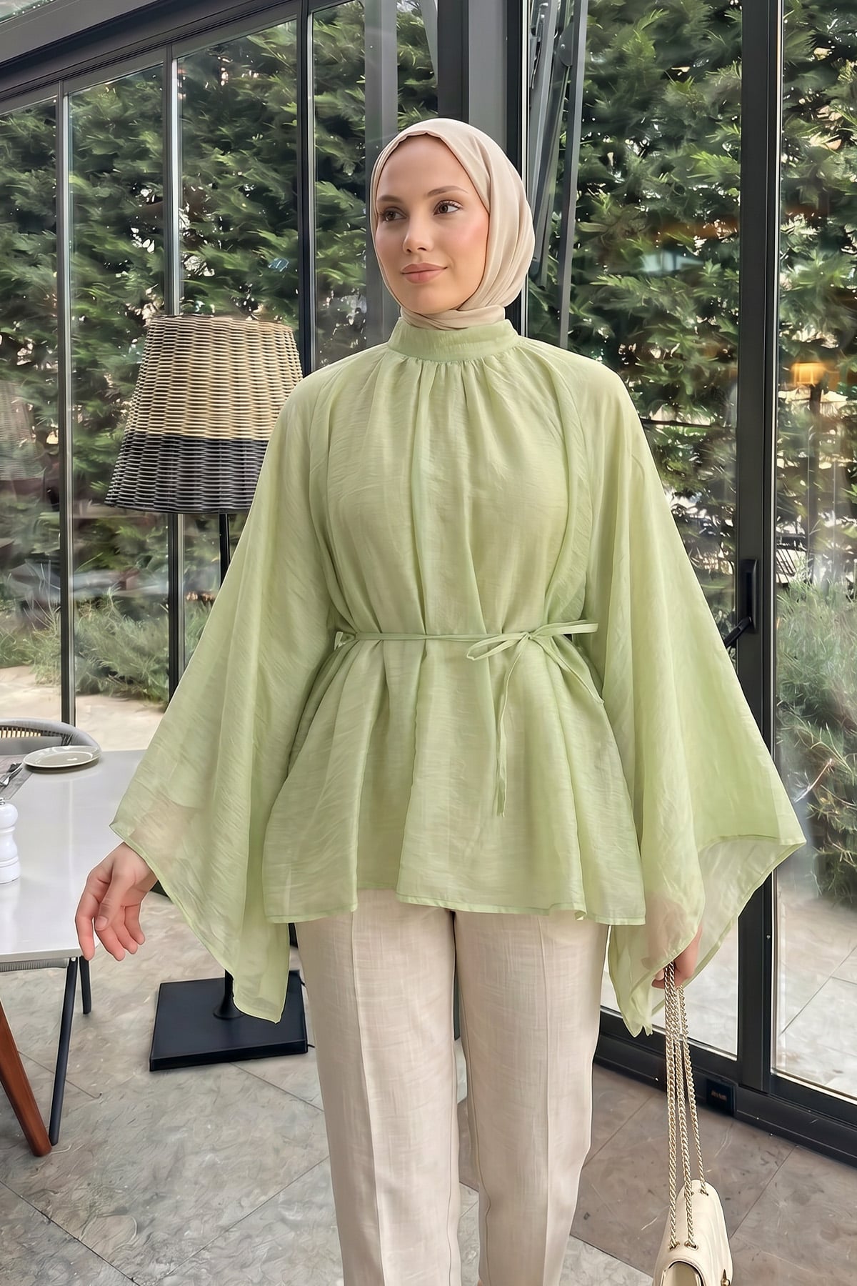 Büzgülü Reglan Kol Tunik Y0150 - ÇAĞLA YEŞİLİ |  