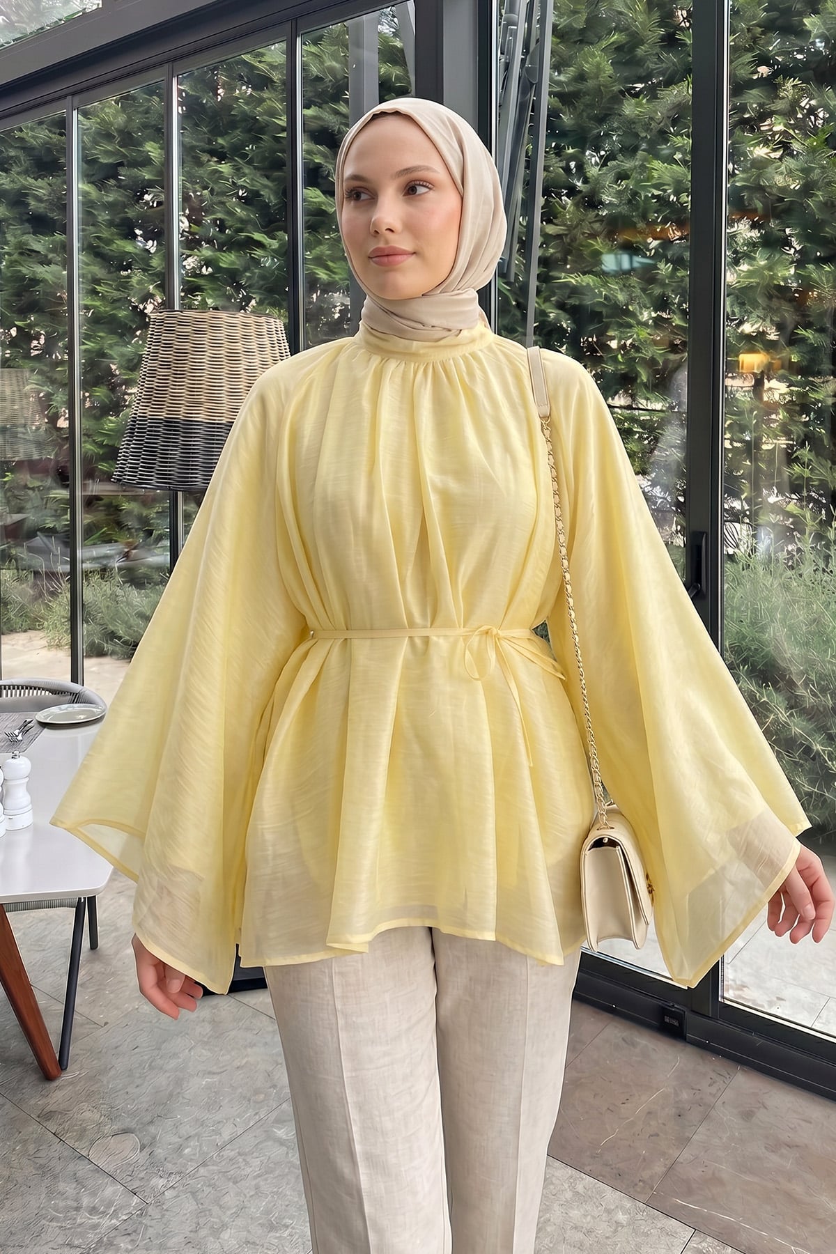 Büzgülü Reglan Kol Tunik Y0150 - SARI |  
