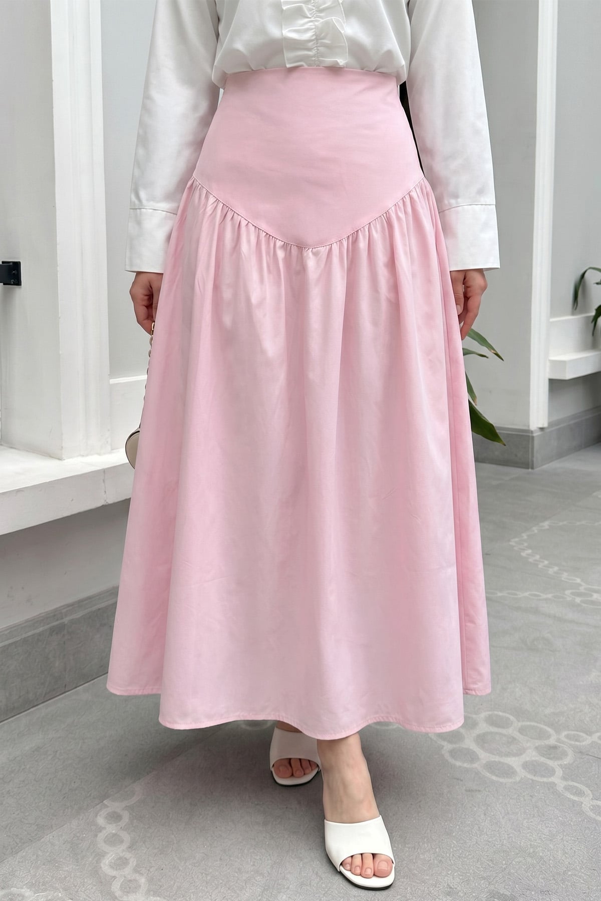 Bel Korsajlı Poplin Etek 26061 - AÇIK PEMBE |  