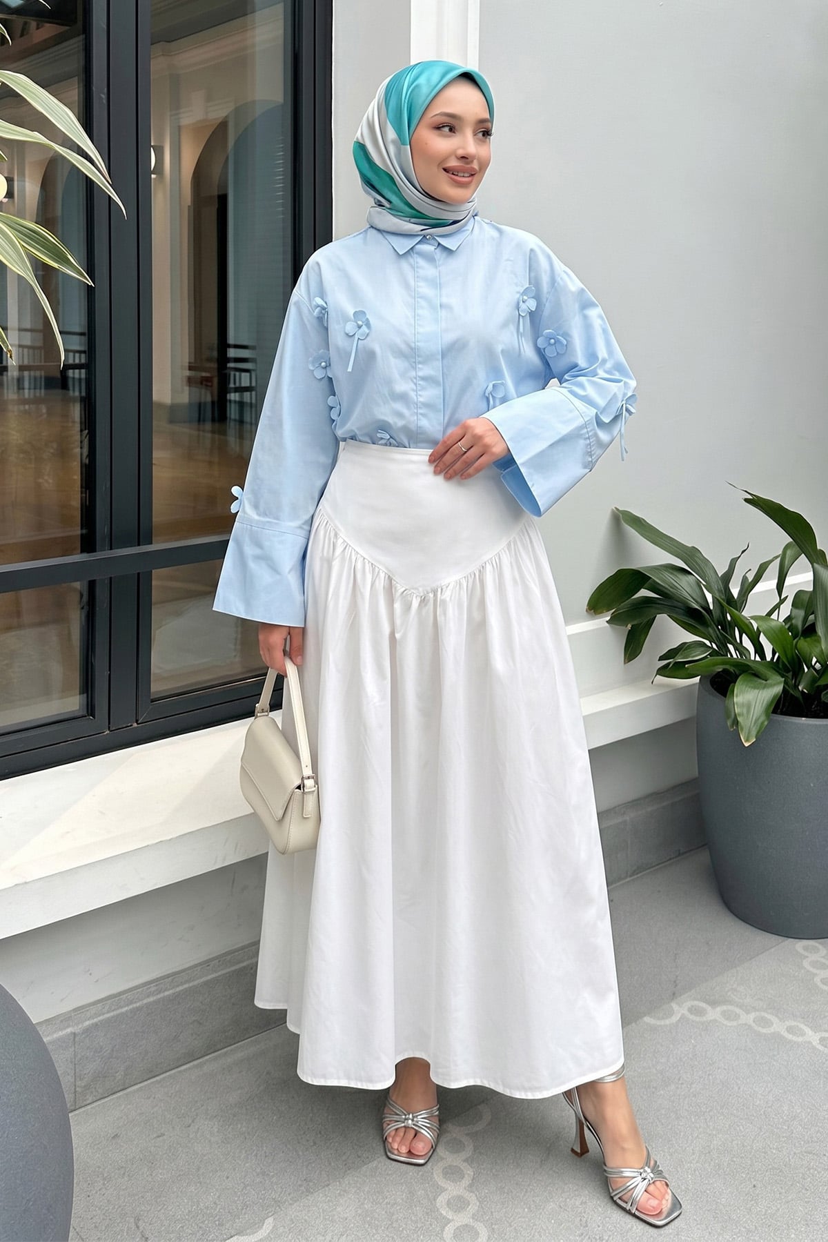 Bel Korsajlı Poplin Etek 26061 - BEYAZ |  