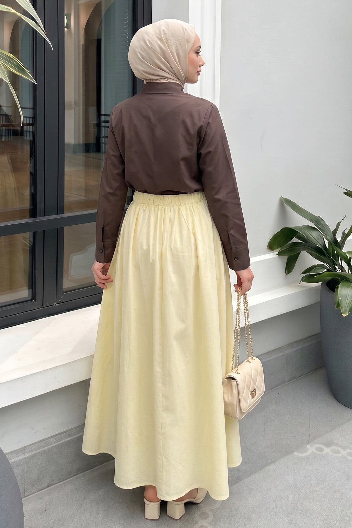 Bel Korsajlı Poplin Etek 26061 - AÇIK SARI |  