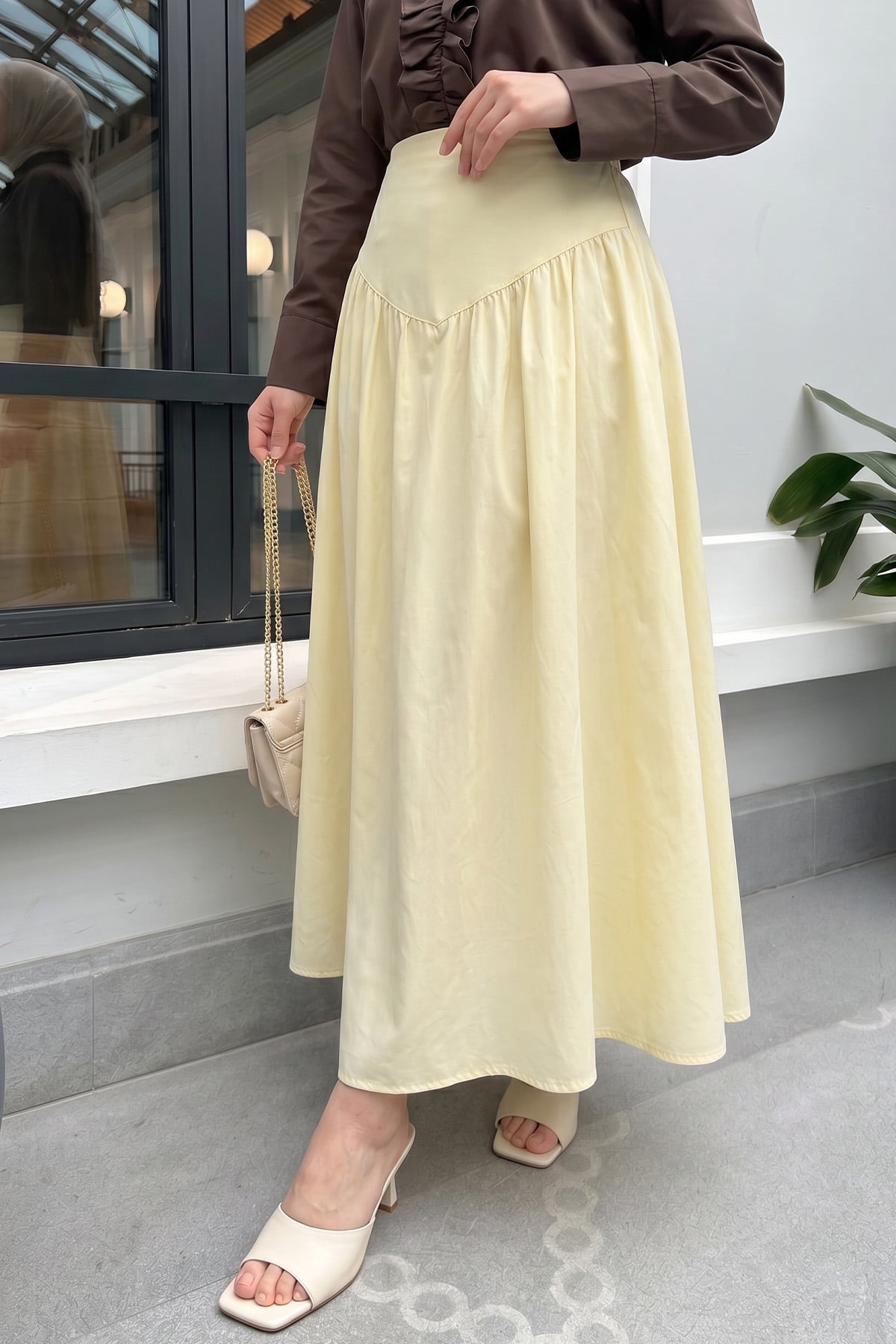 Bel Korsajlı Poplin Etek 26061 - AÇIK SARI |  