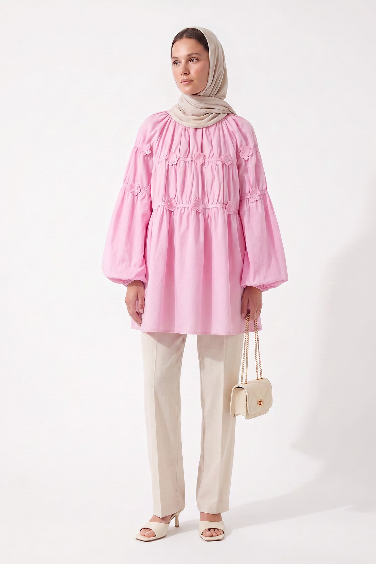 Çiçekli Büzgülü  Tunik 5501 - AÇIK PEMBE |  