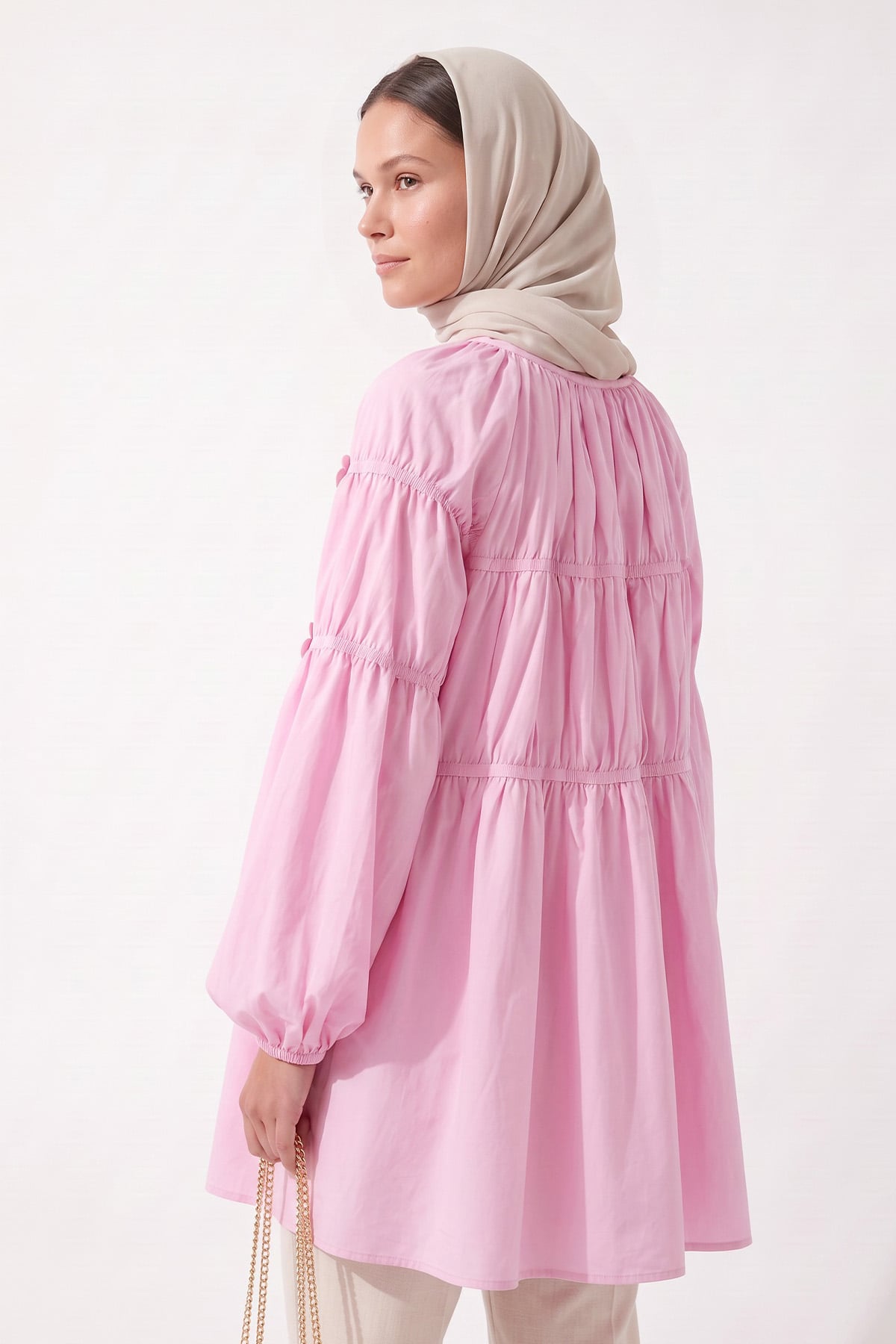 Çiçekli Büzgülü  Tunik 5501 - AÇIK PEMBE |  