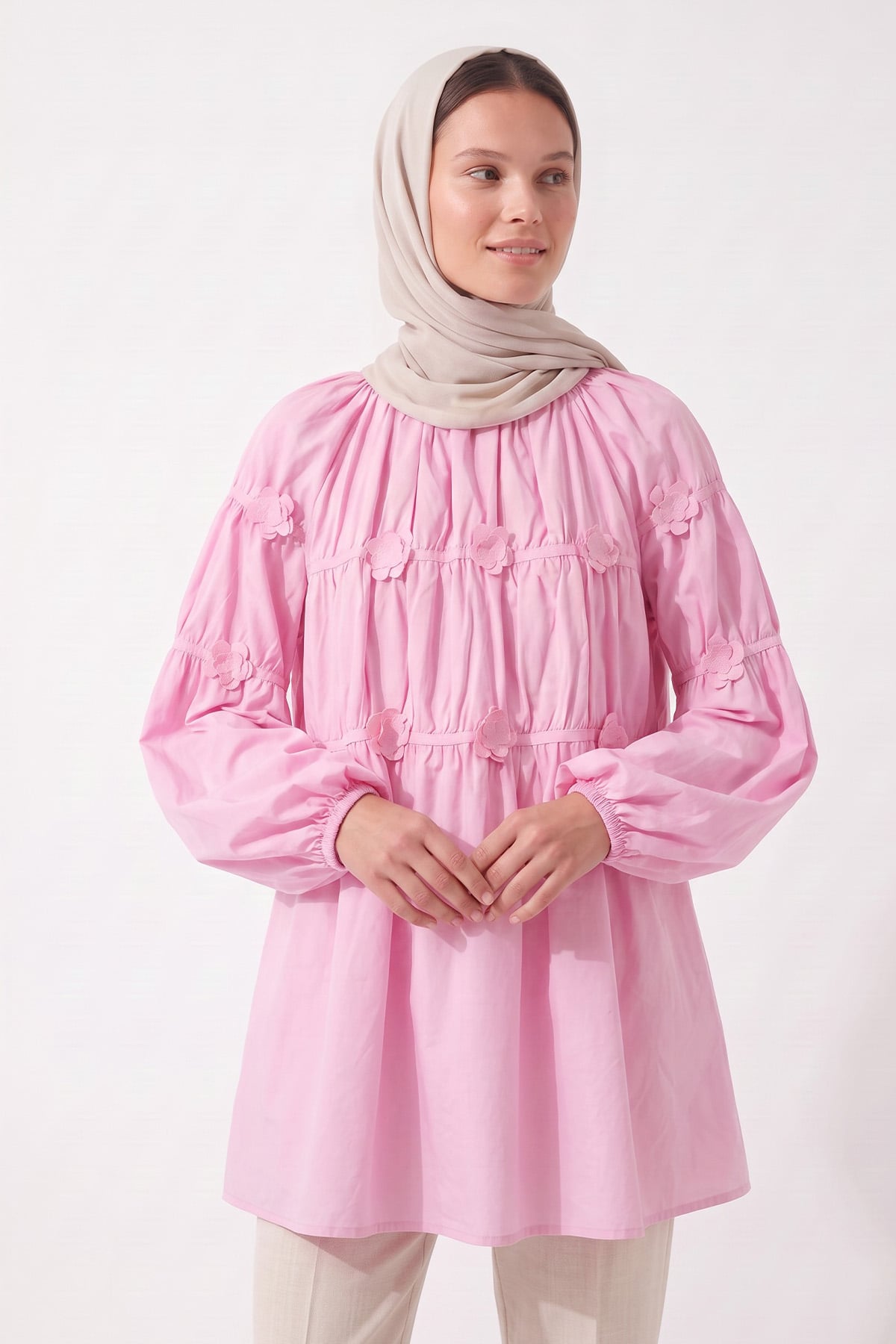 Çiçekli Büzgülü  Tunik 5501 - AÇIK PEMBE |  
