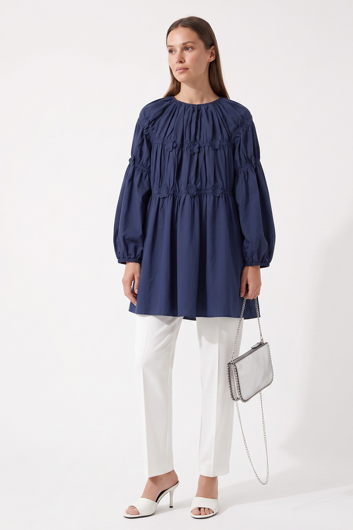 Çiçekli Büzgülü  Tunik 5501 - LACİVERT | zenne.com 