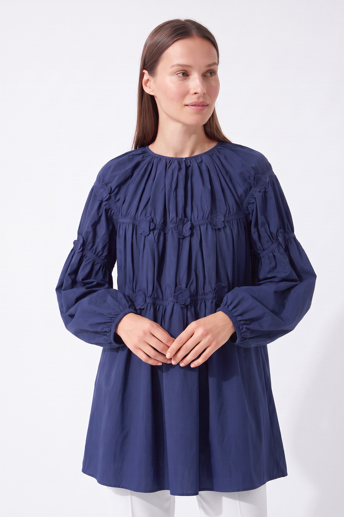 Çiçekli Büzgülü  Tunik 5501 - LACİVERT | zenne.com 