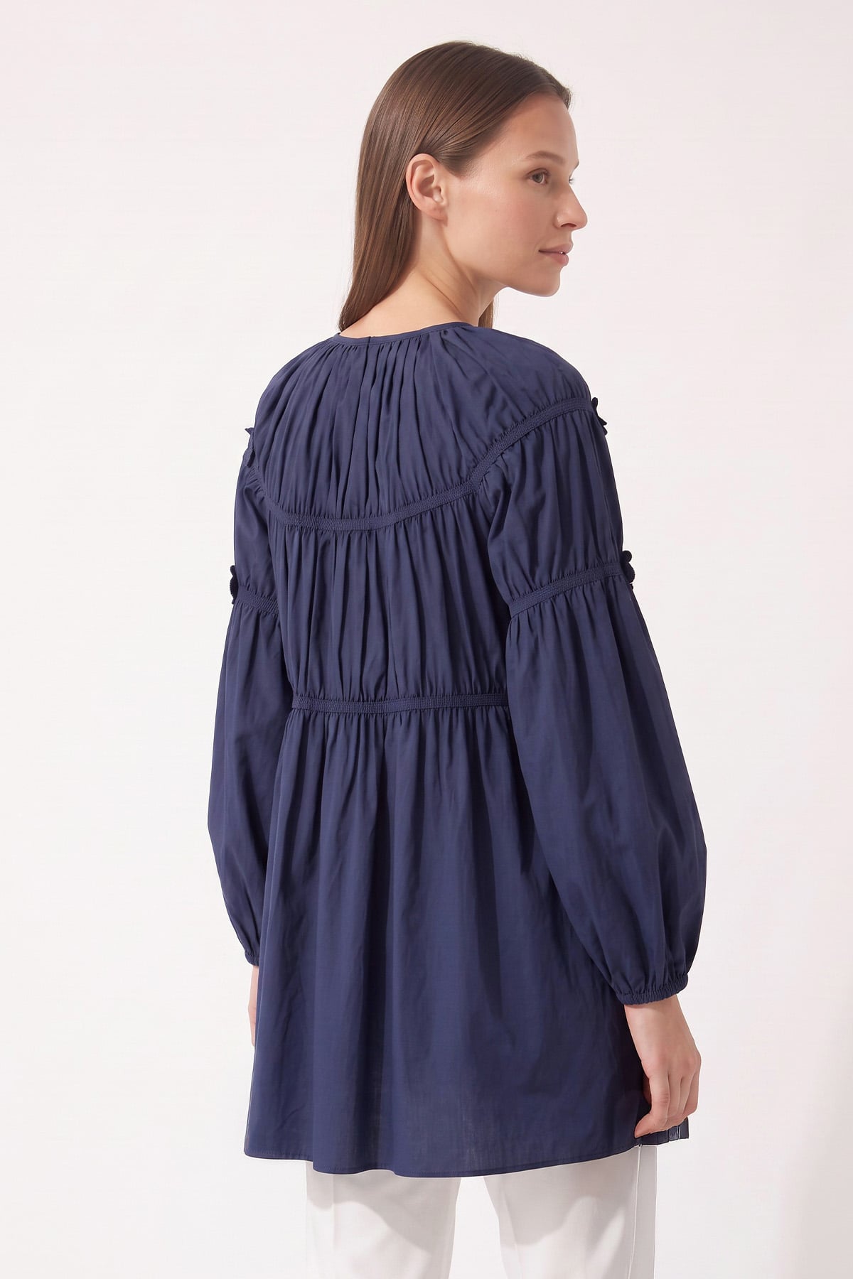 Çiçekli Büzgülü  Tunik 5501 - LACİVERT | zenne.com 
