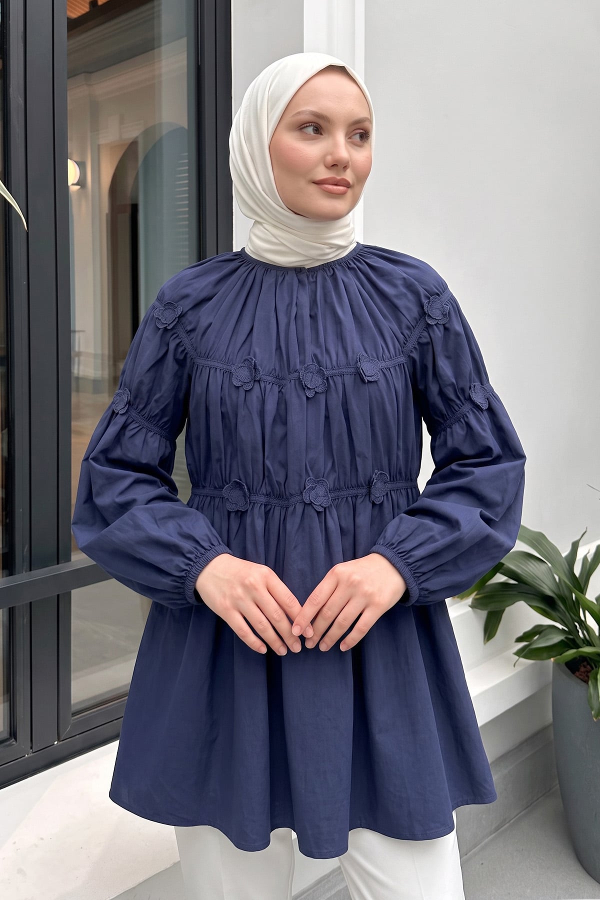 Çiçekli Büzgülü  Tunik 5501 - LACİVERT |  