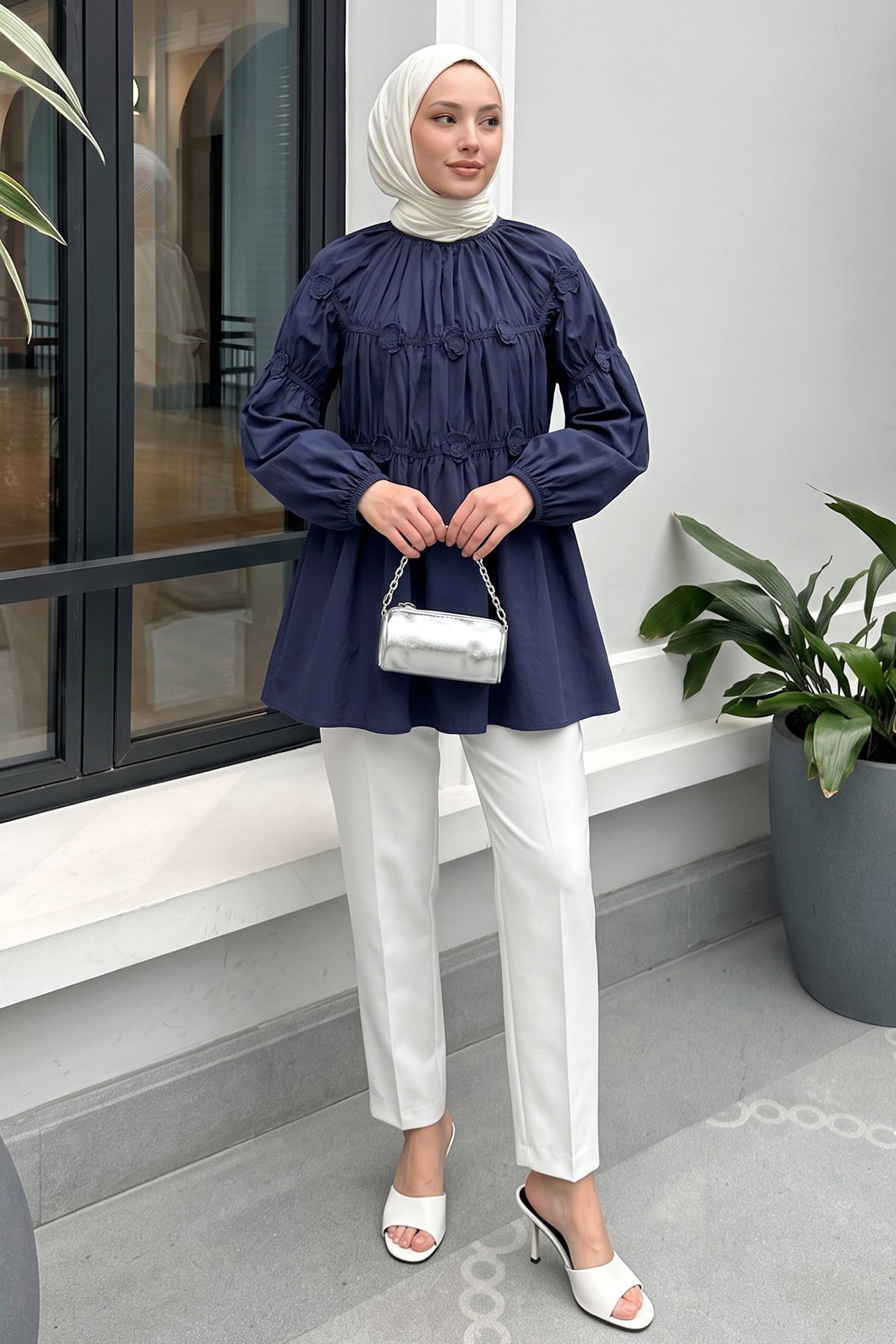Çiçekli Büzgülü  Tunik 5501 - LACİVERT |  