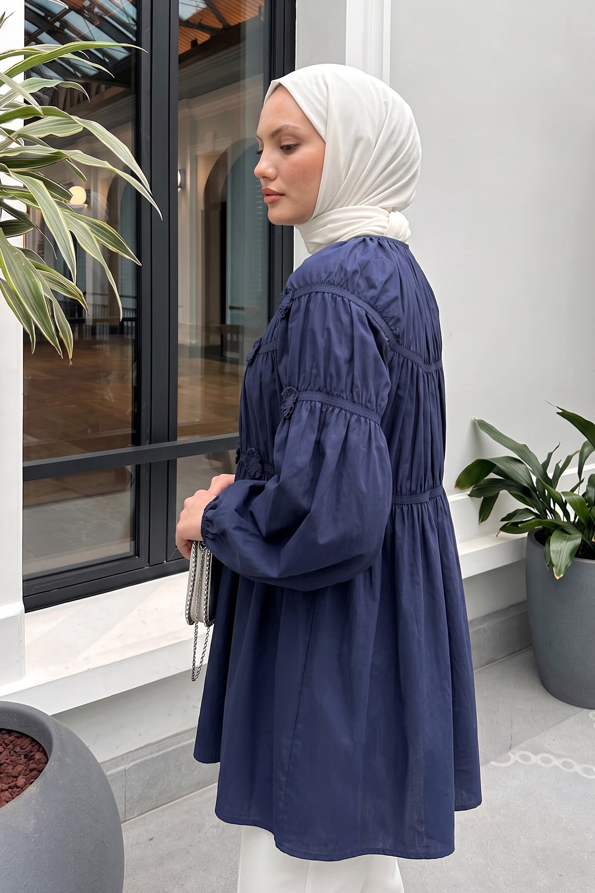 Çiçekli Büzgülü  Tunik 5501 - LACİVERT |  