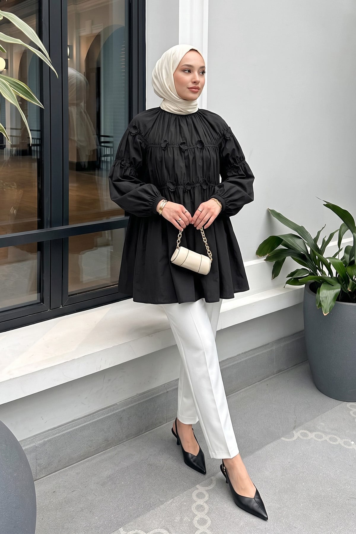Çiçekli Büzgülü  Tunik 5501 - SİYAH |  