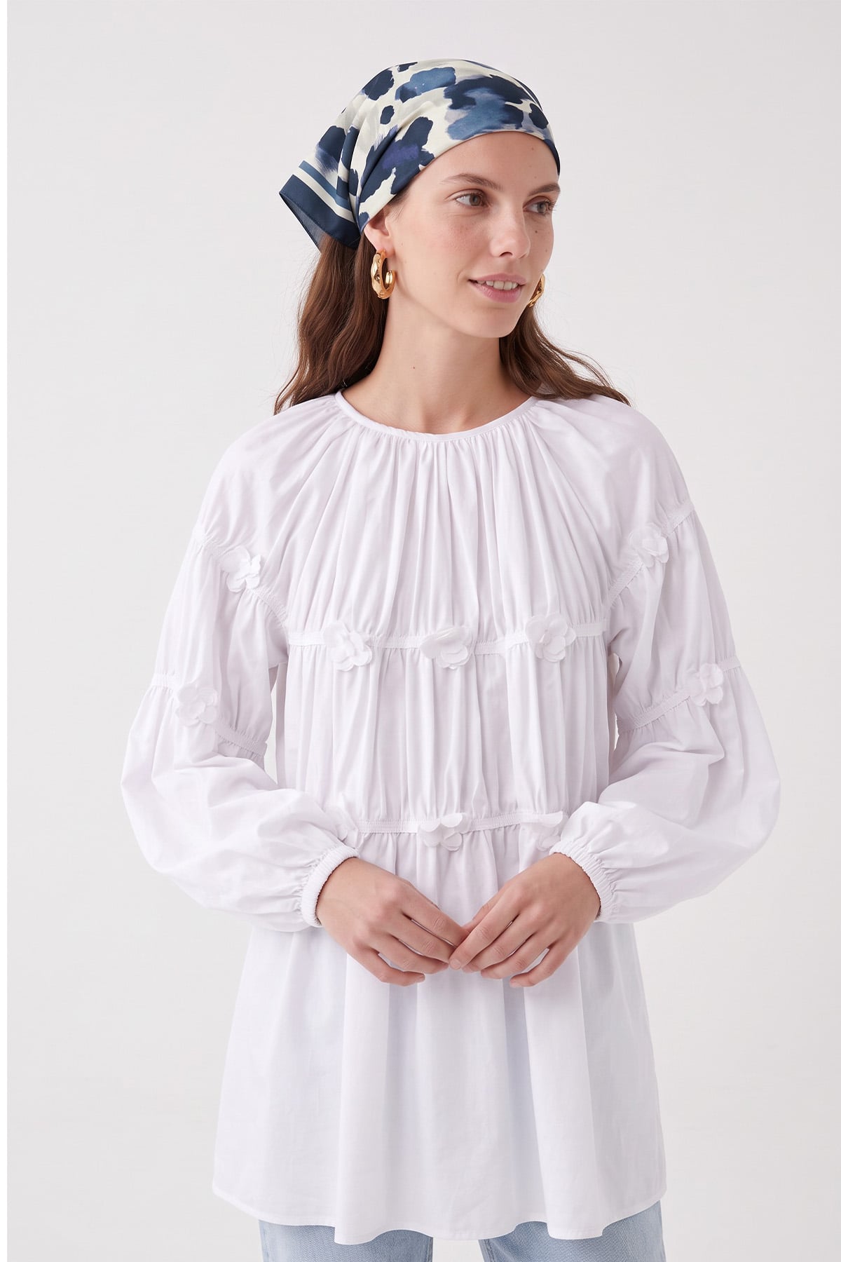Çiçekli Büzgülü  Tunik 5501 - BEYAZ |  