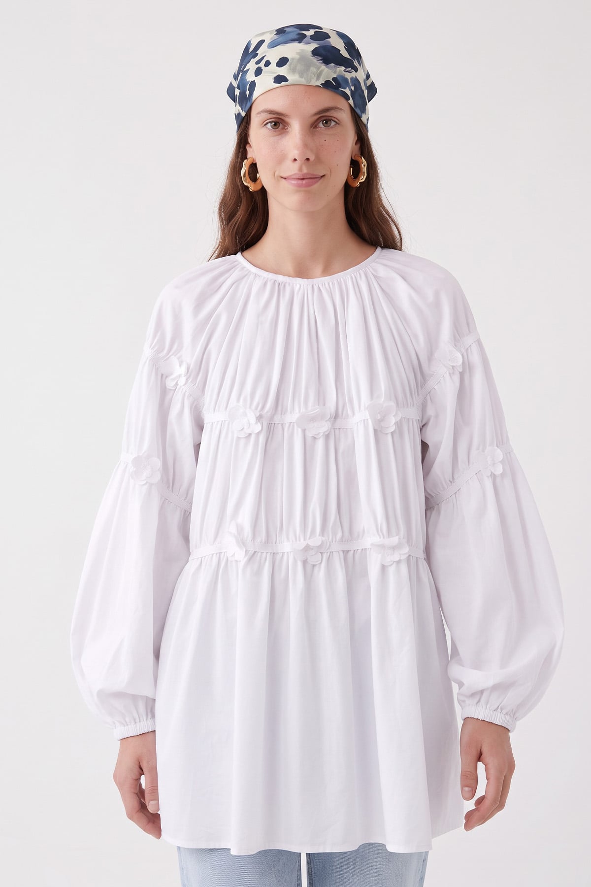 Çiçekli Büzgülü  Tunik 5501 - BEYAZ |  