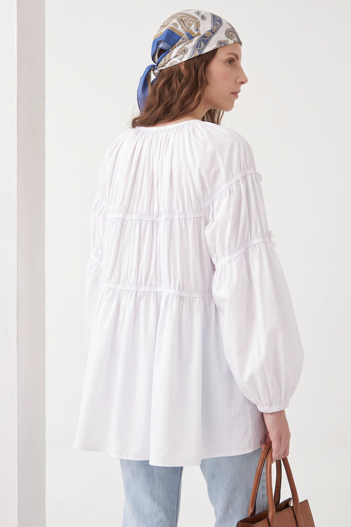 Çiçekli Büzgülü  Tunik 5501 - BEYAZ |  