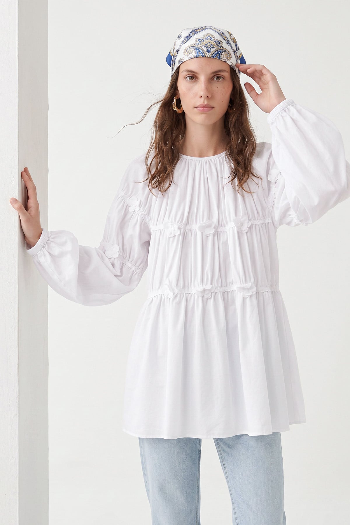 Çiçekli Büzgülü  Tunik 5501 - BEYAZ |  