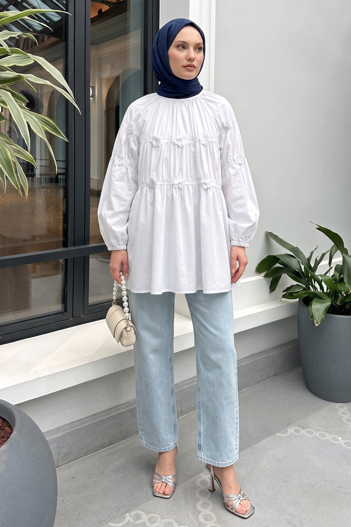 Çiçekli Büzgülü  Tunik 5501 - BEYAZ |  