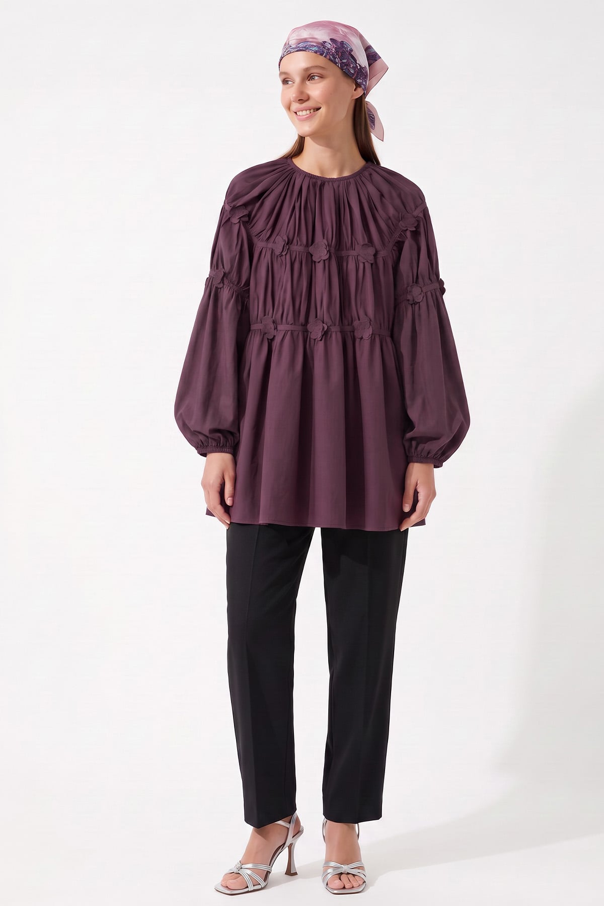 Çiçekli Büzgülü  Tunik 5501 - MÜRDÜM | zenne.com 